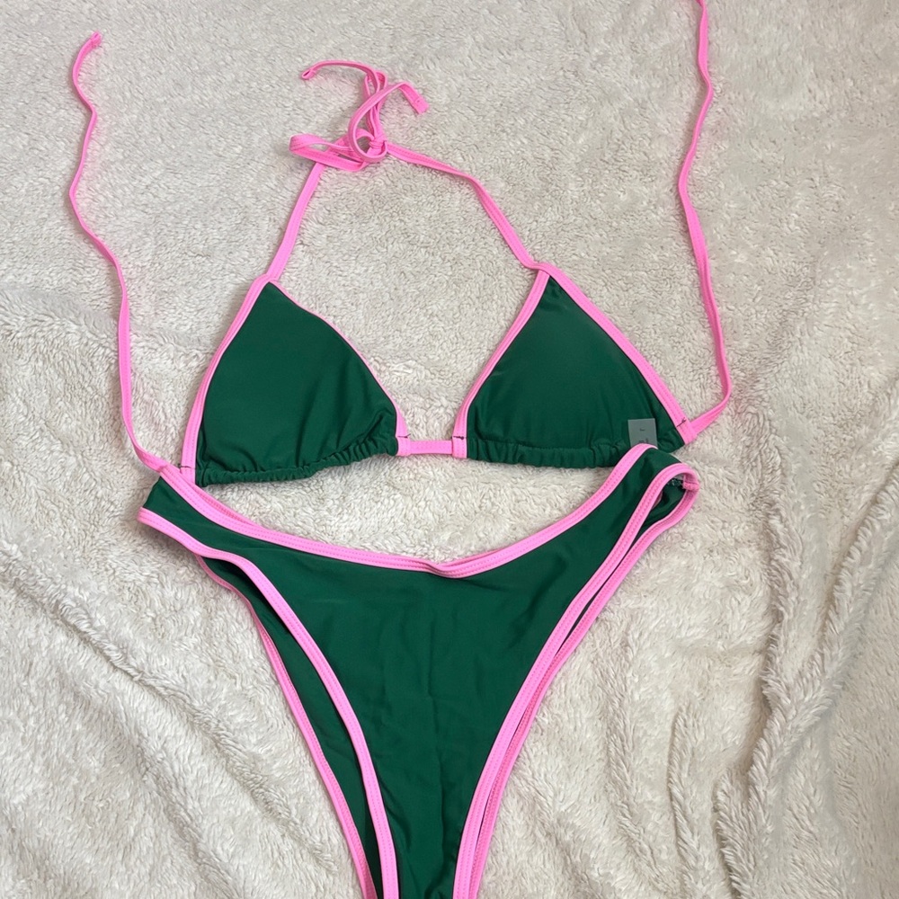 SHEIN Green and Neon Pink Bikini Set SZ Large